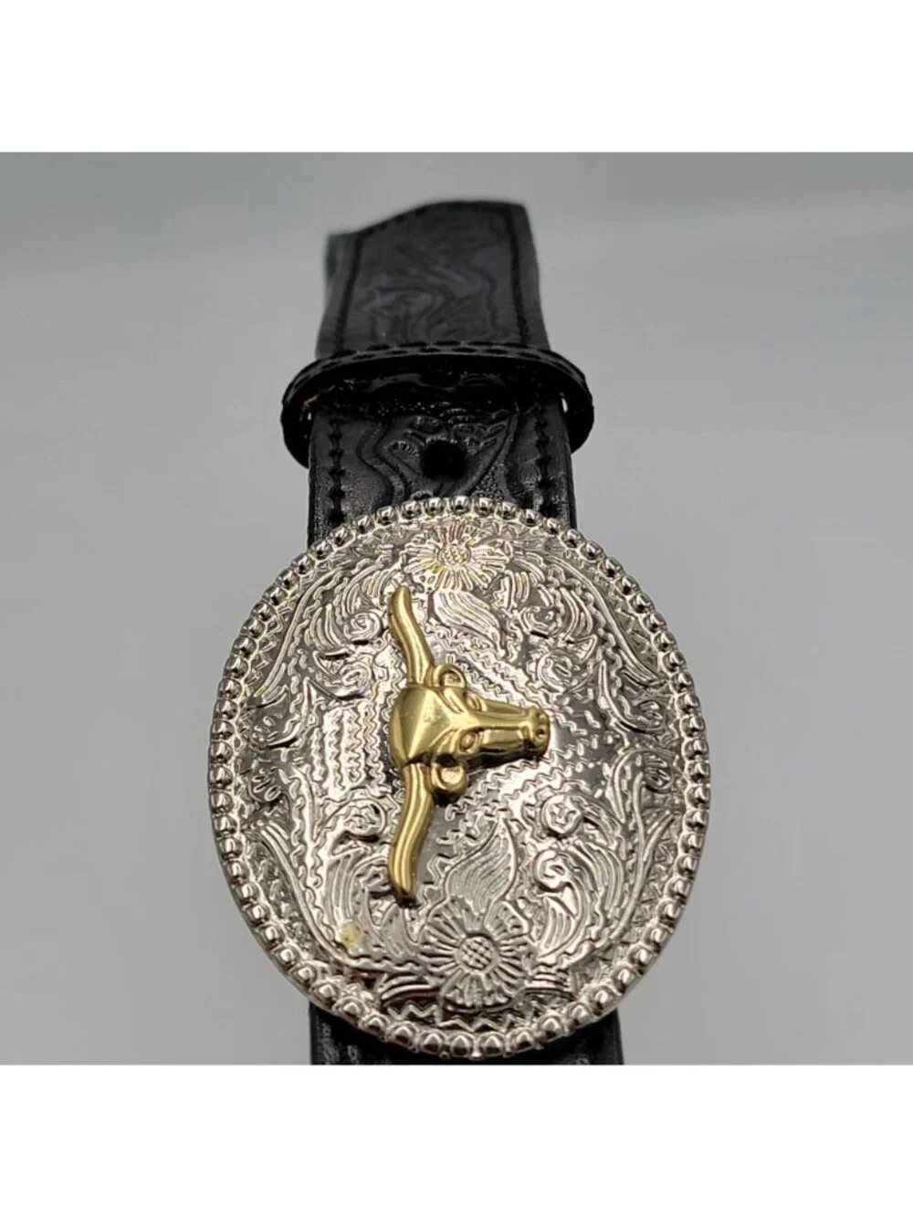 VTG Western Cowboy  Youth 3D Genuine Leather Black Belt With Silver & Gold Longh